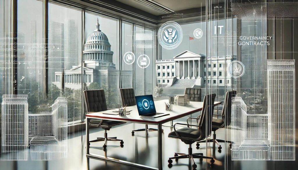 Professional office scene for IT consultancy company working on government contracts, with modern office elements and a cityscape view.